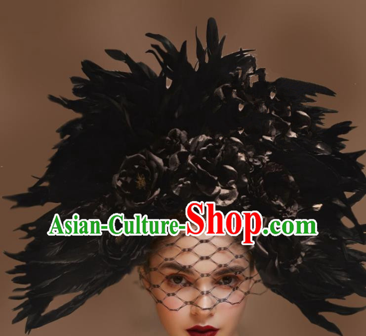 Top Grade Halloween Catwalks Hair Accessories Headdress Palace Black Feather Hat for Women