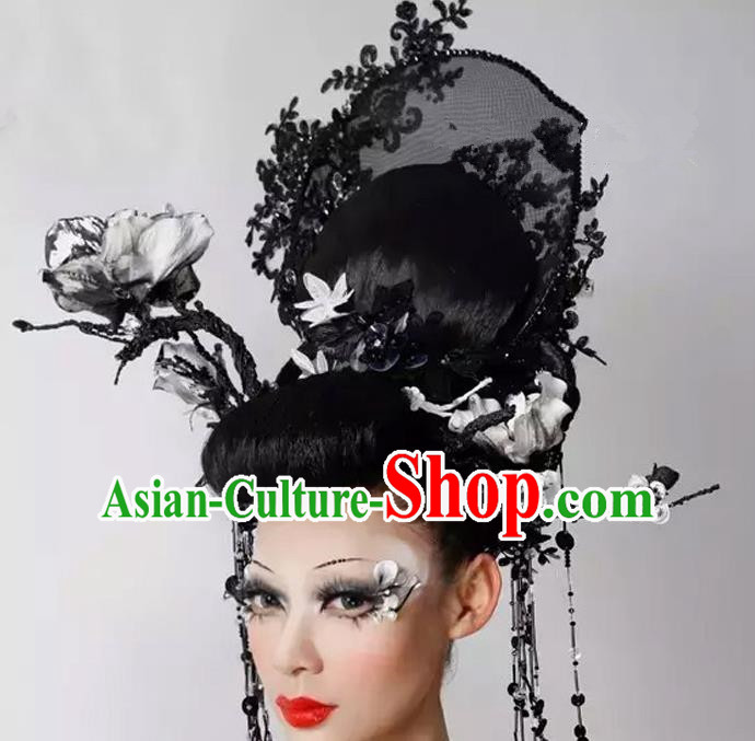 Top Grade Halloween Catwalks Hair Accessories Headdress Baroque Black Hat for Women