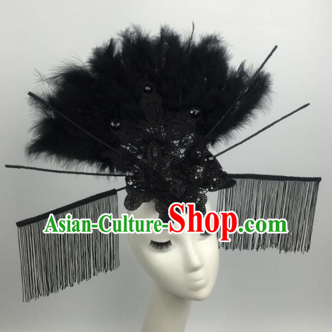 Top Grade Halloween Catwalks Black Feather Hair Accessories Brazilian Carnival Headdress for Women