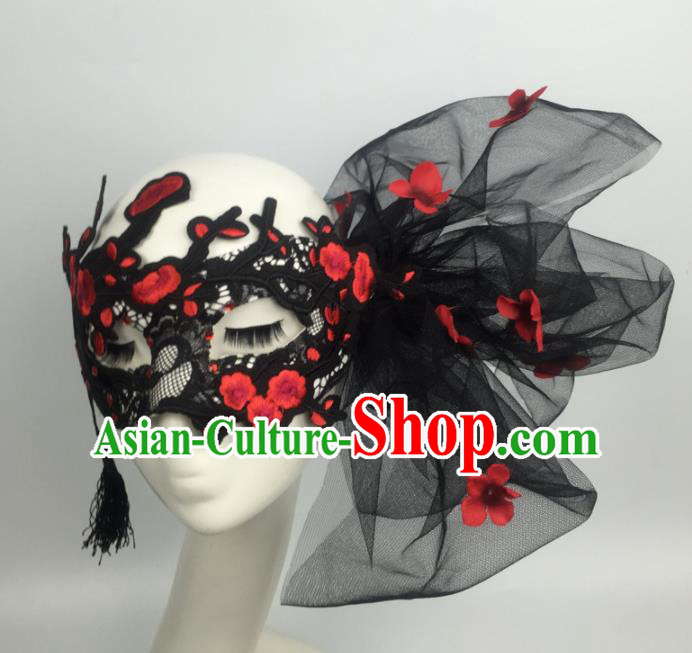 Halloween Exaggerated Accessories Catwalks Embroidered Wintersweet Black Veil Masks for Women