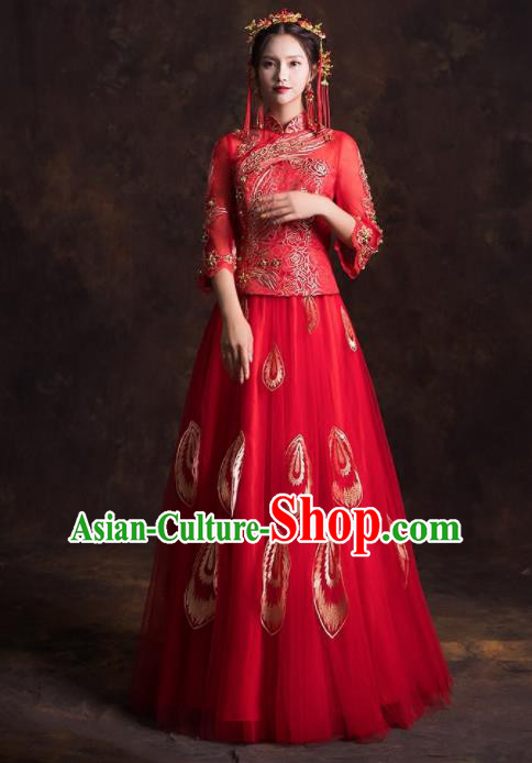 Chinese Traditional Embroidered Red Xiuhe Suits Ancient Wedding Dress for Women