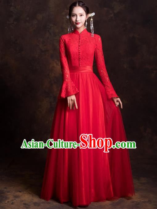 Chinese Traditional Red Lace Xiuhe Suits Ancient Embroidered Wedding Dress for Women