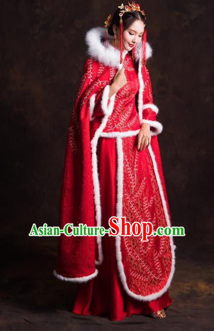 Chinese Traditional Winter Red Xiuhe Suits Ancient Bride Embroidered Wedding Dress for Women