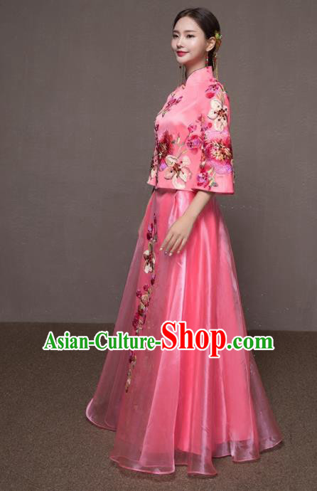 Chinese Traditional Embroidered Wedding Costumes Pink Xiuhe Suits Ancient Bride Dress for Women