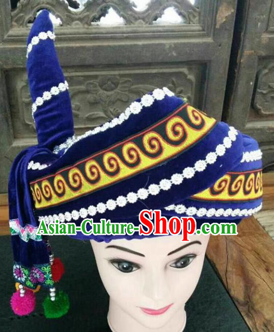 Chinese Traditional National Hat Ethnic Yi Nationality Royalblue Hat for Men