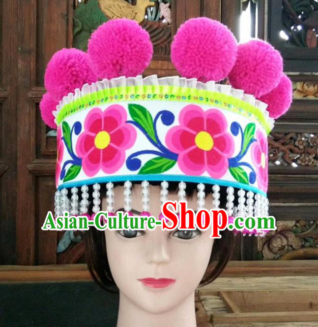 Chinese Traditional National Hat Ethnic Yi Nationality Embroidered Flowers White Hat for Women