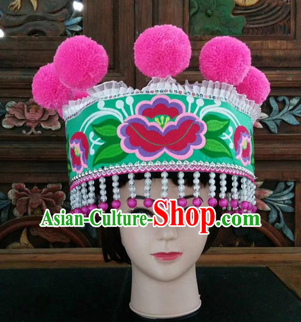 Chinese Traditional National Hat Ethnic Yi Nationality Embroidered Flowers Green Hat for Women