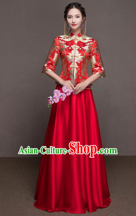 Chinese Traditional Embroidered Wedding Costumes Ancient Bride Red Silk Dress for Women