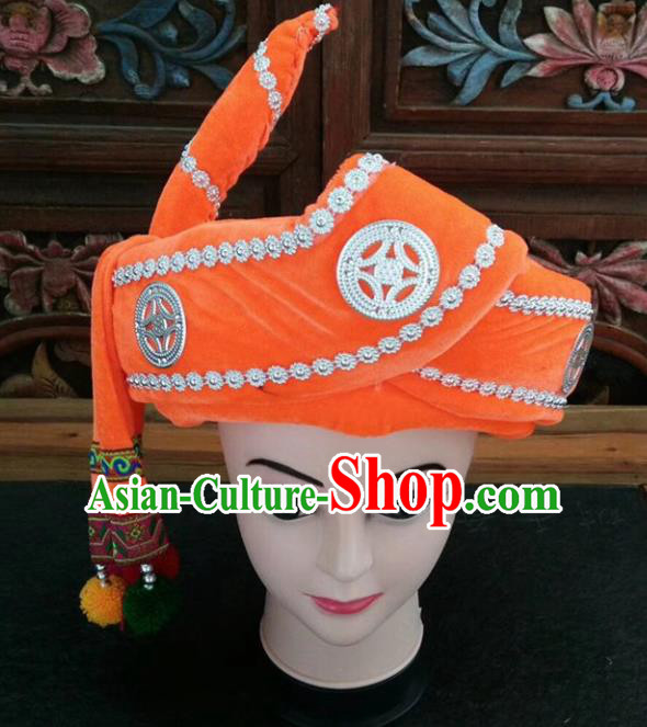 Chinese Traditional National Orange Hat Ethnic Yi Nationality Hat for Men