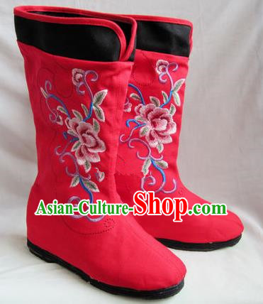 Asian Chinese Traditional Hanfu Shoes Ethnic Handmade Embroidered Red Boots for Women