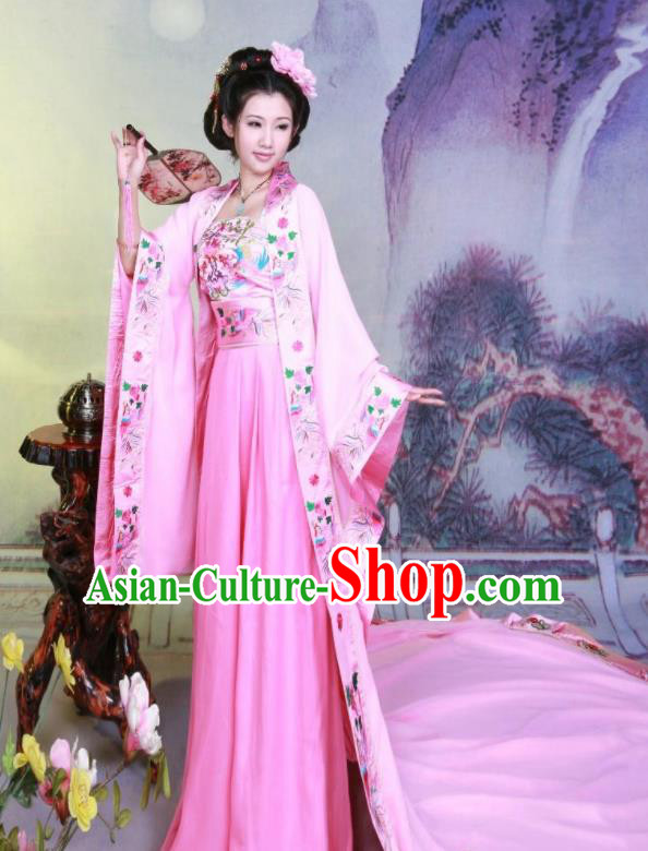 Chinese Ancient Imperial Consort Embroidered Costumes Tang Dynasty Imperial Concubine Pink Hanfu Dress for Women