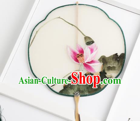 Traditional Chinese Crafts Palace Fans Silk Round Fans Ancient Princess Embroidered Pink Lotus Fan for Women