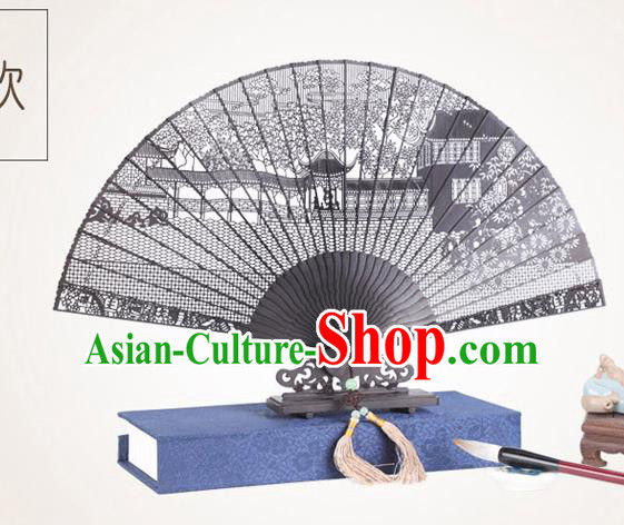 Chinese Traditional Crafts Sandalwood Folding Fans Pierced Suzhou Garden Fans Accordion Fan