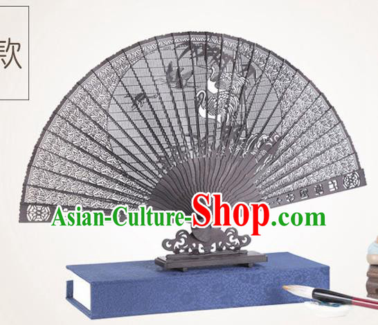 Chinese Traditional Crafts Sandalwood Folding Fans Pierced Cranes Fans Accordion Fan