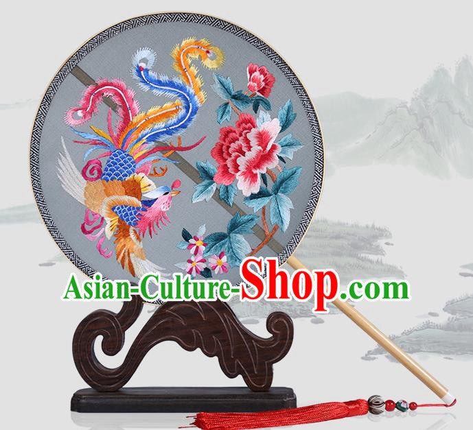 Traditional Chinese Crafts Palace Fans Embroidered Phoenix Peony Round Fans Ancient Silk Fan for Women