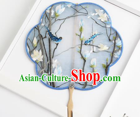 Traditional Chinese Crafts Palace Fans Blue Round Fans Ancient Princess Embroidered Magnolia Fan for Women