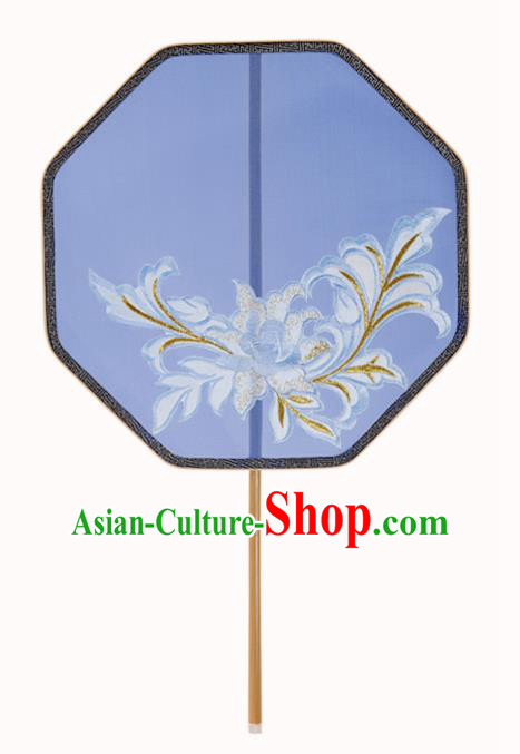 Traditional Chinese Crafts Palace Fans Embroidered Blue Fans Ancient Silk Fan for Women