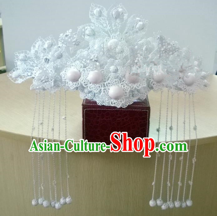 Chinese Classical Wedding Hair Accessories Traditional Ancient Bride White Phoenix Coronet for Women