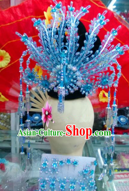 Chinese Classical Beijing Opera Princess Hair Accessories Traditional Ancient Blue Phoenix Coronet for Women