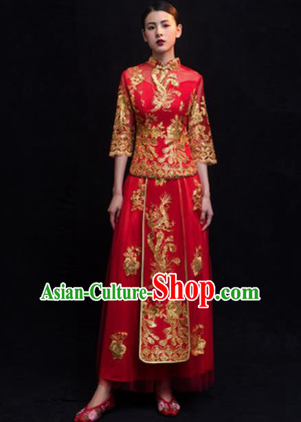Traditional Chinese Wedding Costumes Ancient Bride Embroidered Red Veil Dress for Women