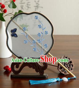 Traditional Chinese Crafts Palace Fans Embroidered Blue Flowers Fans Ancient Organza Fan for Women