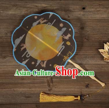 Traditional Chinese Crafts Palace Fans Hand Painting Moon Fans Ancient Black Silk Fan for Women
