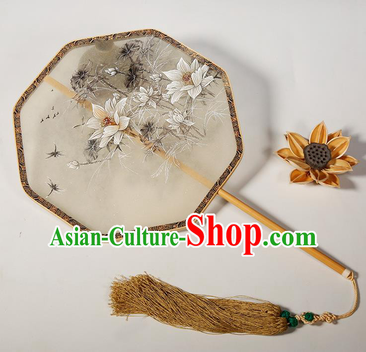 Chinese Traditional Hanfu Palace Fans Painting Lotus Fans Ancient Silk Round Fan for Women