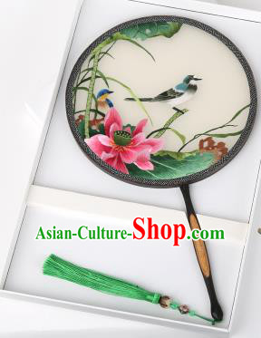 Chinese Traditional Palace Fans Embroidered Pink Lotus Fans Ancient Hanfu Silk Round Fan for Women