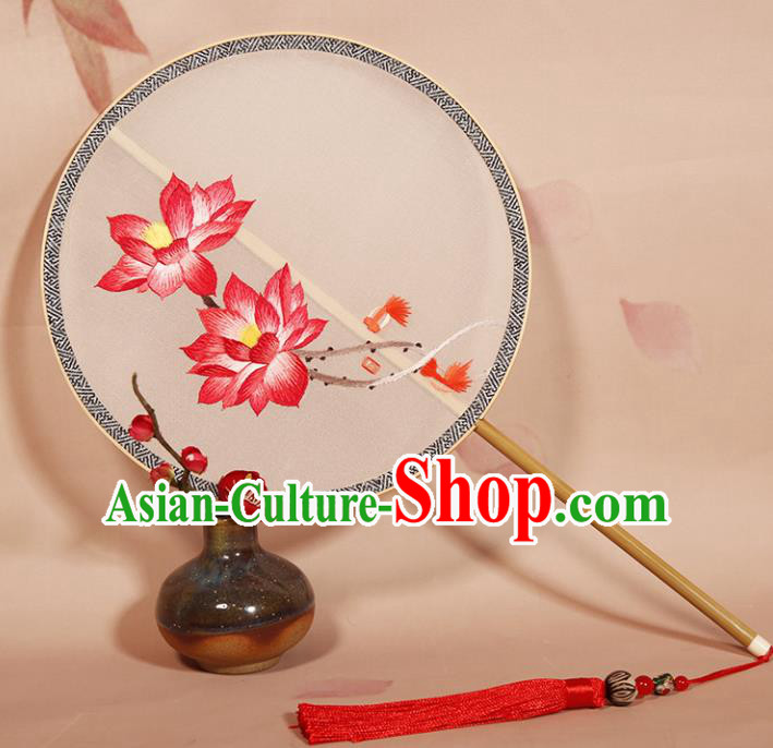 Chinese Ancient Princess Round Fan Traditional Embroidered Lotus Palace Fans Hanfu Silk Fans for Women
