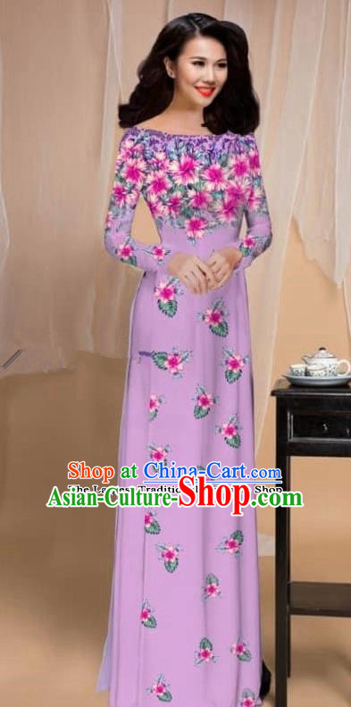 Asian Vietnam Traditional Printing Flowers Lilac Cheongsam Vietnamese Classical Ao Dai Qipao Dress for Women
