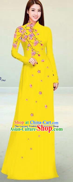 Asian Vietnam Traditional Yellow Cheongsam Vietnamese Classical Ao Dai Qipao Dress for Women