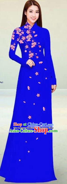 Asian Vietnam Traditional Royalblue Cheongsam Vietnamese Classical Ao Dai Qipao Dress for Women