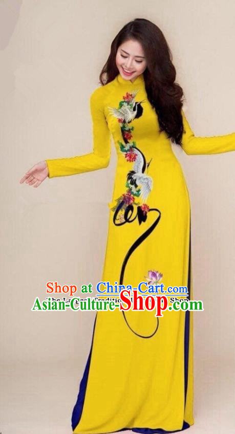 Asian Vietnam Traditional Printing Cranes Yellow Cheongsam Vietnamese Classical Ao Dai Qipao Dress for Women