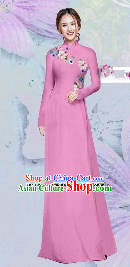 Asian Vietnam Traditional Cheongsam Vietnamese Classical Peach Pink Ao Dai Qipao Dress for Women