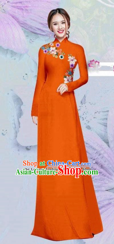 Asian Vietnam Traditional Cheongsam Vietnamese Classical Orange Ao Dai Qipao Dress for Women