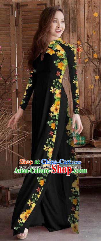 Asian Vietnam Traditional Printing Cheongsam Vietnamese Black Ao Dai Qipao Dress for Women