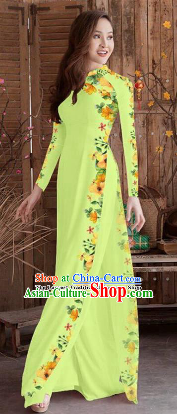 Asian Vietnam Traditional Printing Cheongsam Vietnamese Green Ao Dai Qipao Dress for Women