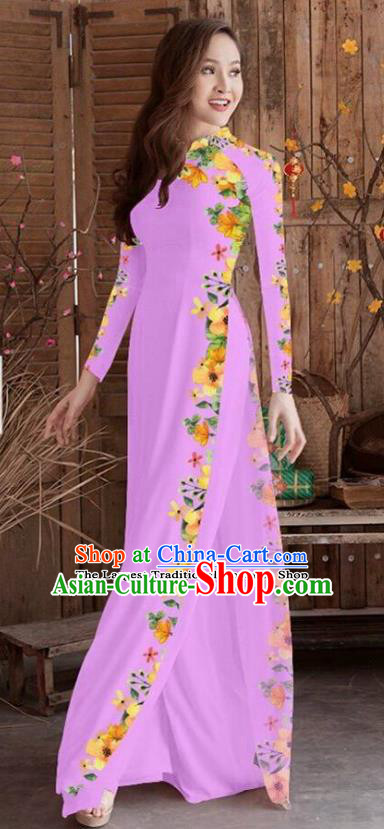 Asian Vietnam Traditional Printing Cheongsam Vietnamese Lilac Ao Dai Qipao Dress for Women