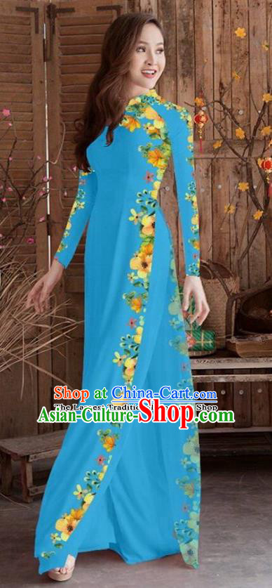 Asian Vietnam Traditional Printing Cheongsam Vietnamese Blue Ao Dai Qipao Dress for Women