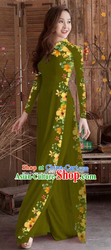 Asian Vietnam Traditional Printing Cheongsam Vietnamese Olive Green Ao Dai Qipao Dress for Women