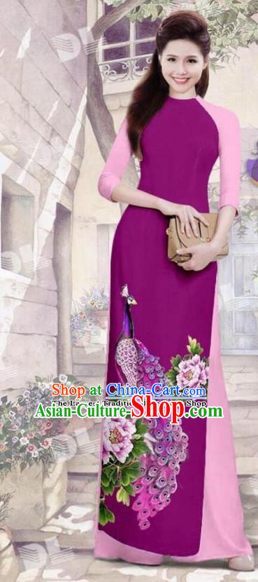Asian Vietnam Traditional Amaranth Cheongsam Vietnamese Printing Peacock Ao Dai Qipao Dress for Women