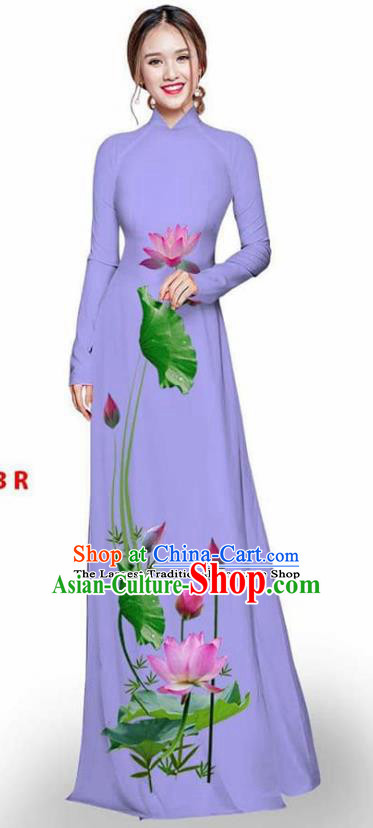 Asian Vietnam Traditional Lilac Cheongsam Vietnamese Printing Lotus Ao Dai Qipao Dress for Women