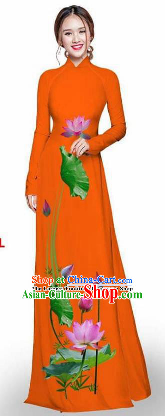 Asian Vietnam Traditional Orange Cheongsam Vietnamese Printing Lotus Ao Dai Qipao Dress for Women