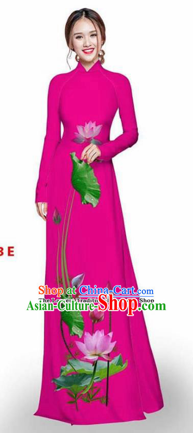 Asian Vietnam Traditional Rosy Cheongsam Vietnamese Printing Lotus Ao Dai Qipao Dress for Women