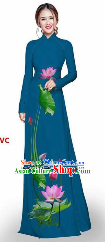 Asian Vietnam Traditional Peacock Blue Cheongsam Vietnamese Printing Lotus Ao Dai Qipao Dress for Women