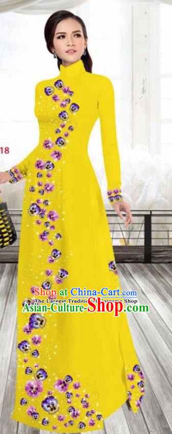 Asian Vietnam Traditional Female Costume Vietnamese Printing Bright Yellow Cheongsam Ao Dai Qipao Dress for Women