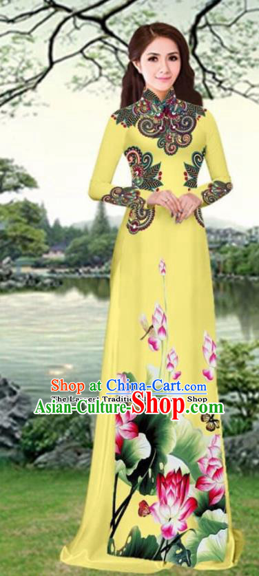 Asian Traditional Vietnam Female Costume Vietnamese Printing Lotus Yellow Cheongsam Ao Dai Qipao Dress for Women