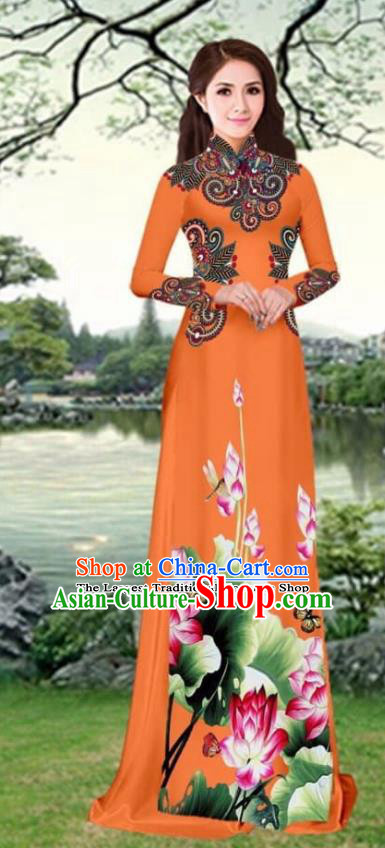 Asian Traditional Vietnam Female Costume Vietnamese Printing Lotus Orange Cheongsam Ao Dai Qipao Dress for Women