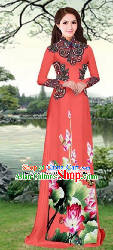 Asian Traditional Vietnam Female Costume Vietnamese Printing Lotus Watermelon Red Cheongsam Ao Dai Qipao Dress for Women