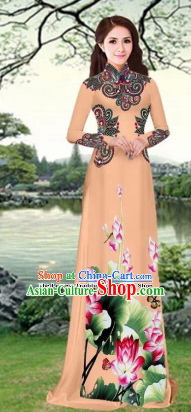 Asian Traditional Vietnam Female Costume Vietnamese Printing Lotus Khaki Cheongsam Ao Dai Qipao Dress for Women